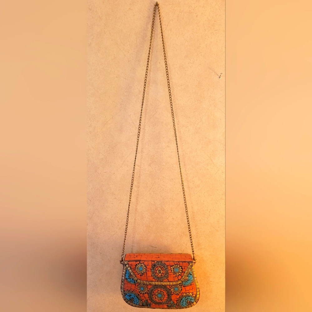 ANTIK KRAFT-iron, clay, and shell Orange and Blue Patterned Women's Bag